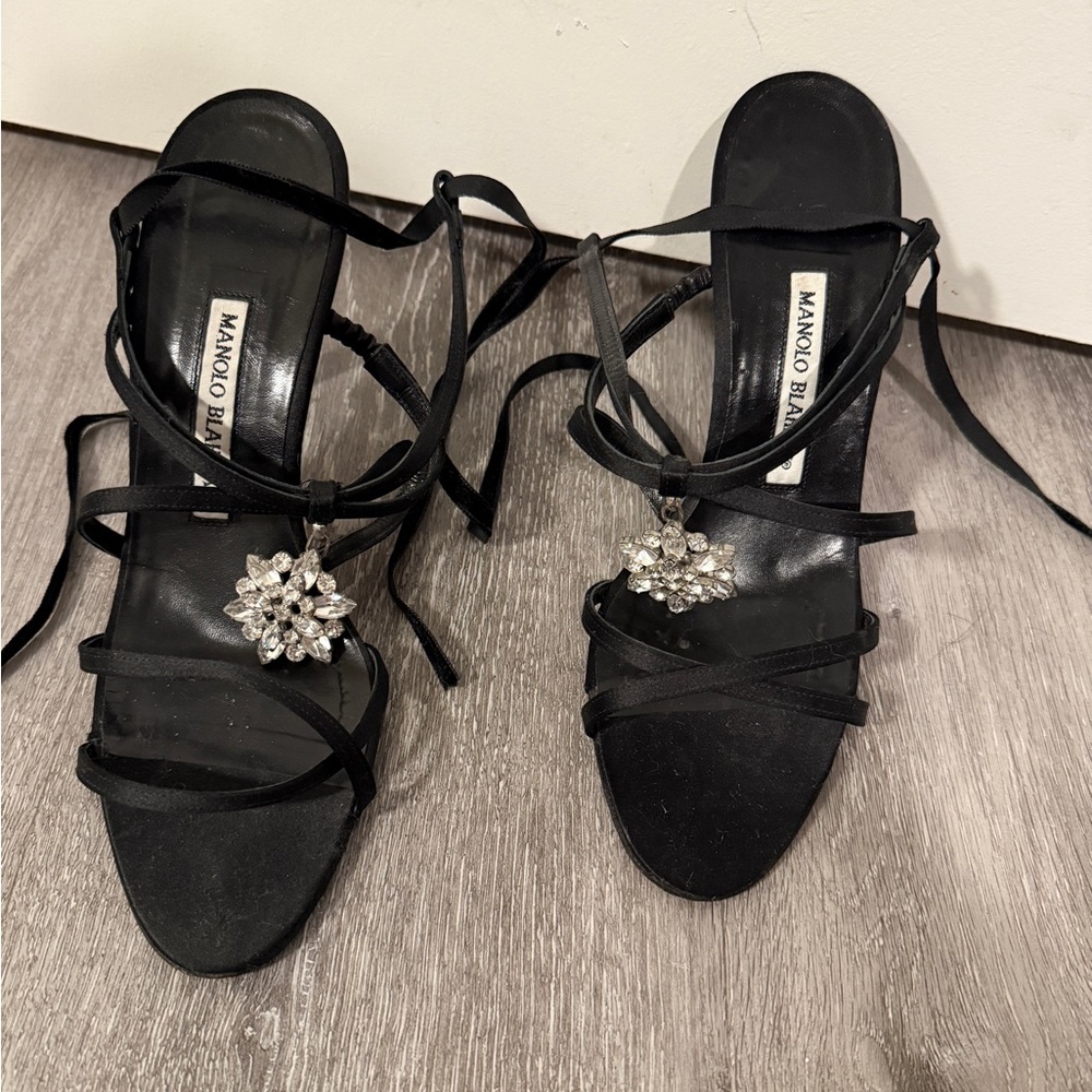 Manolo Blahnik Black Strappy Heels with Crystal Embellishment